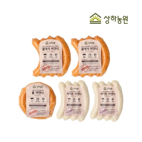 [상하농원] 육즙가득 쫀득한 수제 클래식비엔나 120g 2개 + 부드러운 수제 화이트비엔나 120g 2개 + 육즙 일품 수제 롤비엔나 120g 1개