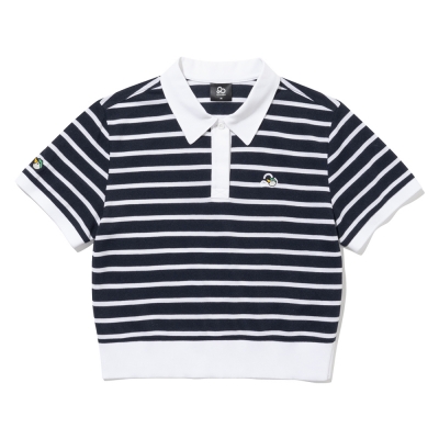 스트라이프 크롭 여성 카라넥 반팔 티셔츠 [NAVY]