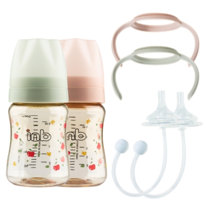 아이앤비 프리미엄 2in1 PPSU 노꼭지 젖병 200ML*2개묶음(세이지/베이지핑크)+2in1젖병손잡이+니플스트로우세트2P