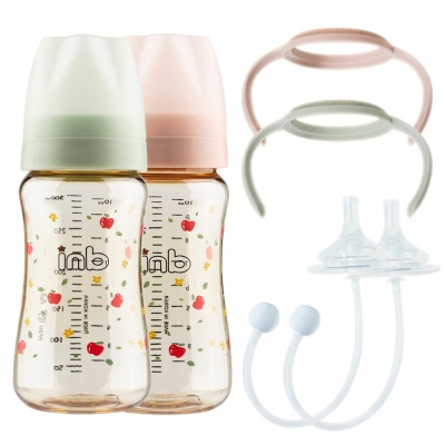 아이앤비 프리미엄 2in1 PPSU 노꼭지 젖병 300ML*2개묶음(세이지/베이지핑크)+2in1젖병손잡이+니플스트로우세트2P