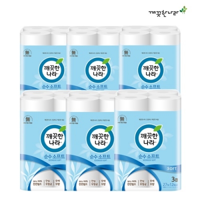 초특가_한정수량[깨끗한나라] 3겹 순수 소프트 27m 12롤 x 6팩